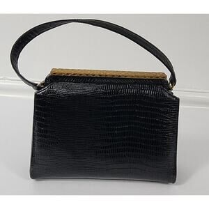 1950s Meyers Top Handle Black Crocodile Embossed Handbag Purse Satin Lined USA